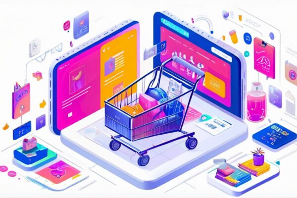 A vibrant depiction of Coomersu's digital shopping platform with personalized recommendations and seamless user interface.