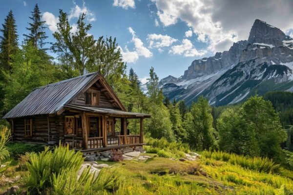 Traditional Chaleturi cabin in scenic mountain setting with rustic architecture.