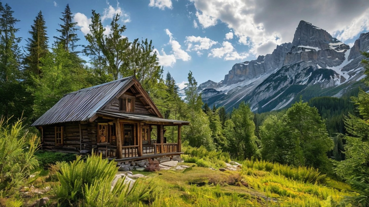 Traditional Chaleturi cabin in scenic mountain setting with rustic architecture.