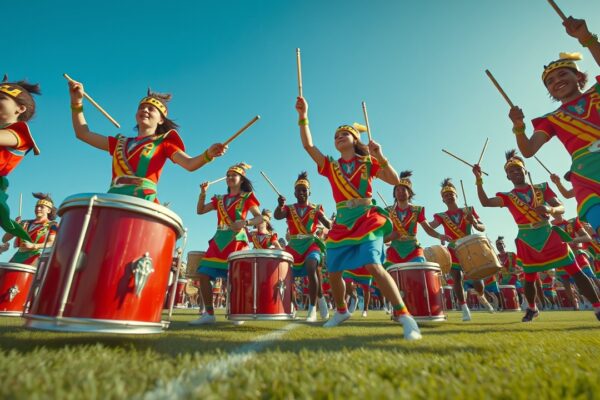 Enthusiastic members of TheBarchive Drum Corps performing on a field.