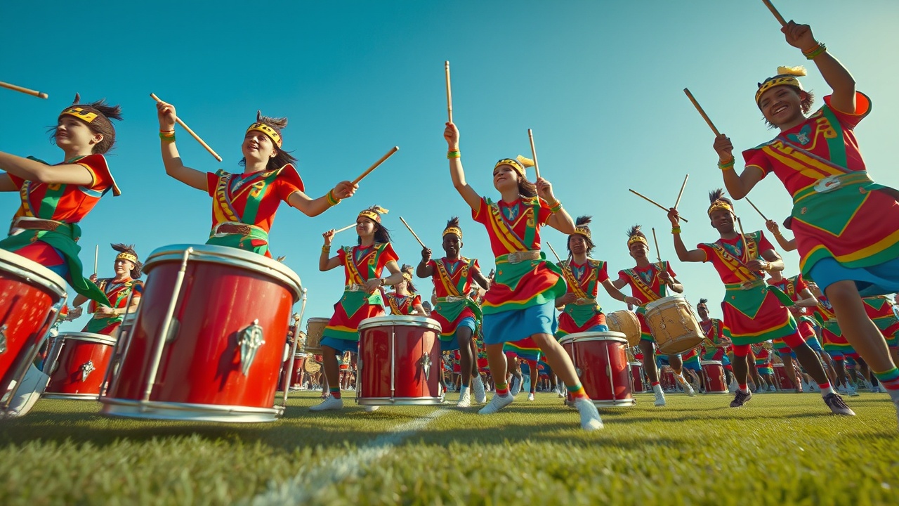 Enthusiastic members of TheBarchive Drum Corps performing on a field.