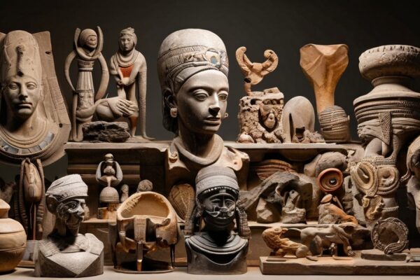 A collection of artifacts and sculptures representing ancient art styles from various civilizations.