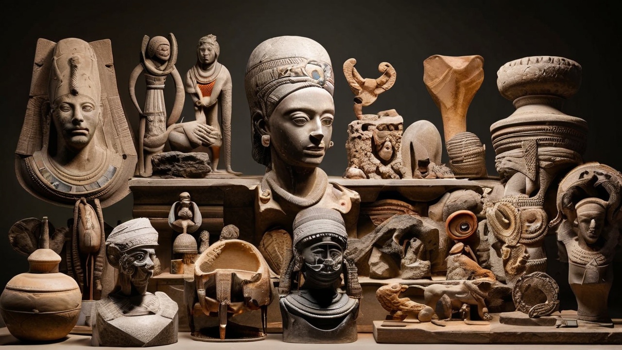 A collection of artifacts and sculptures representing ancient art styles from various civilizations.