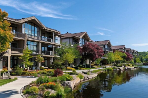 A serene view of Woodlake Condominiums with lush landscaping and community amenities.