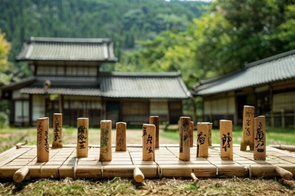 Kashito Toto, a traditional Japanese game featuring wooden sticks and players in a rural setting