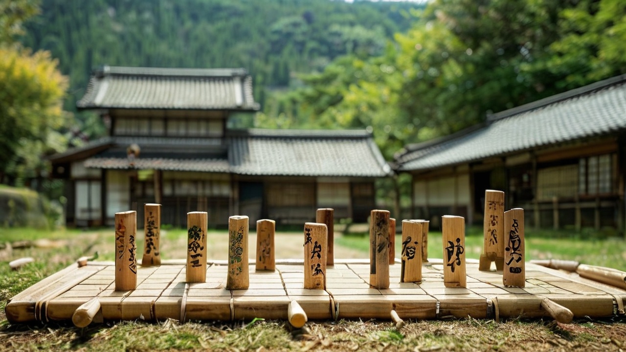 Kashito Toto, a traditional Japanese game featuring wooden sticks and players in a rural setting