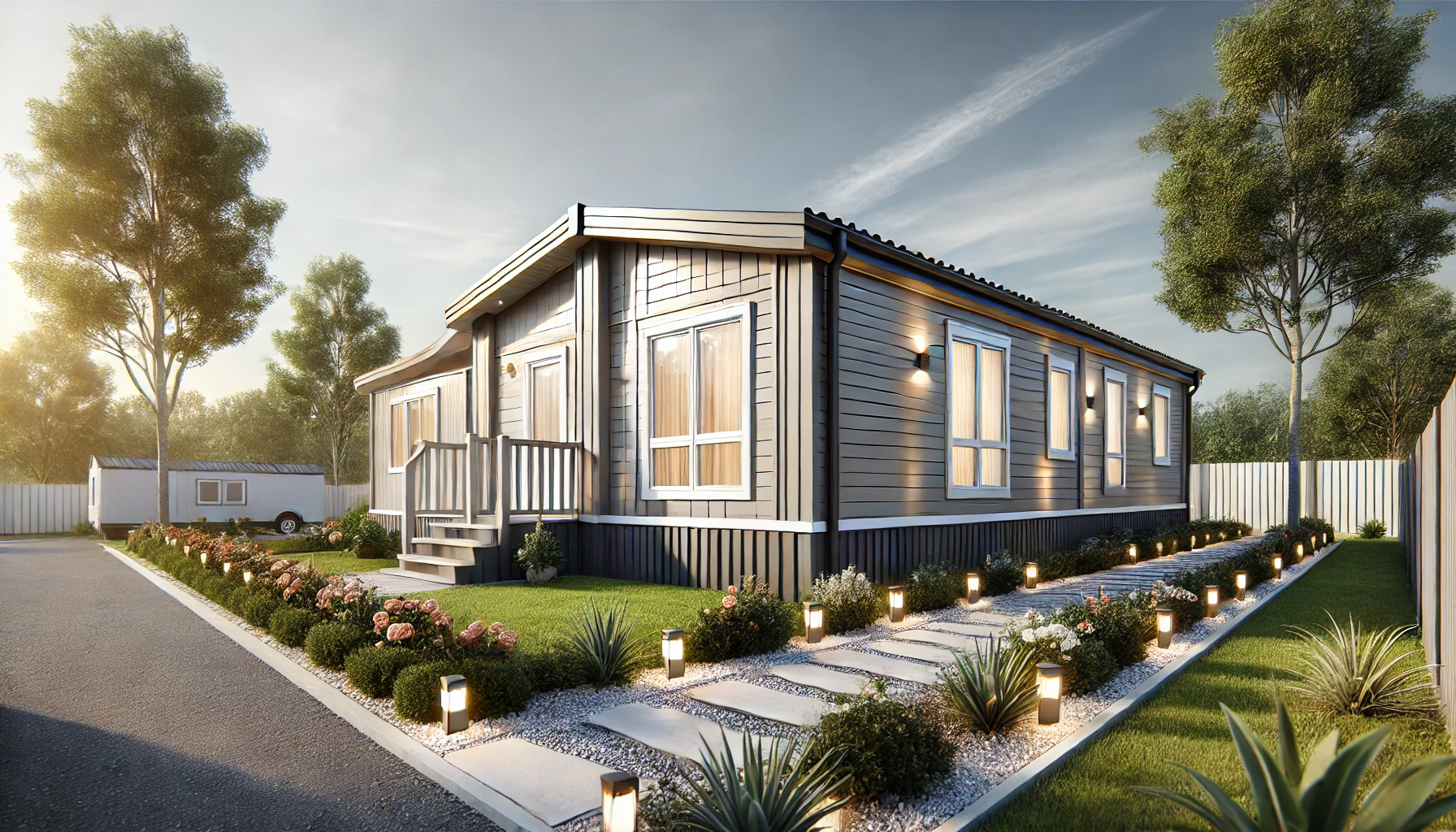 A modern mobile home with stylish exterior design from https// mobilehomeexteriors.com