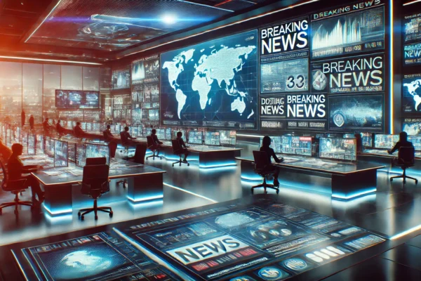 A futuristic digital newsroom featuring journalists, vibrant screens, and real-time news alerts.