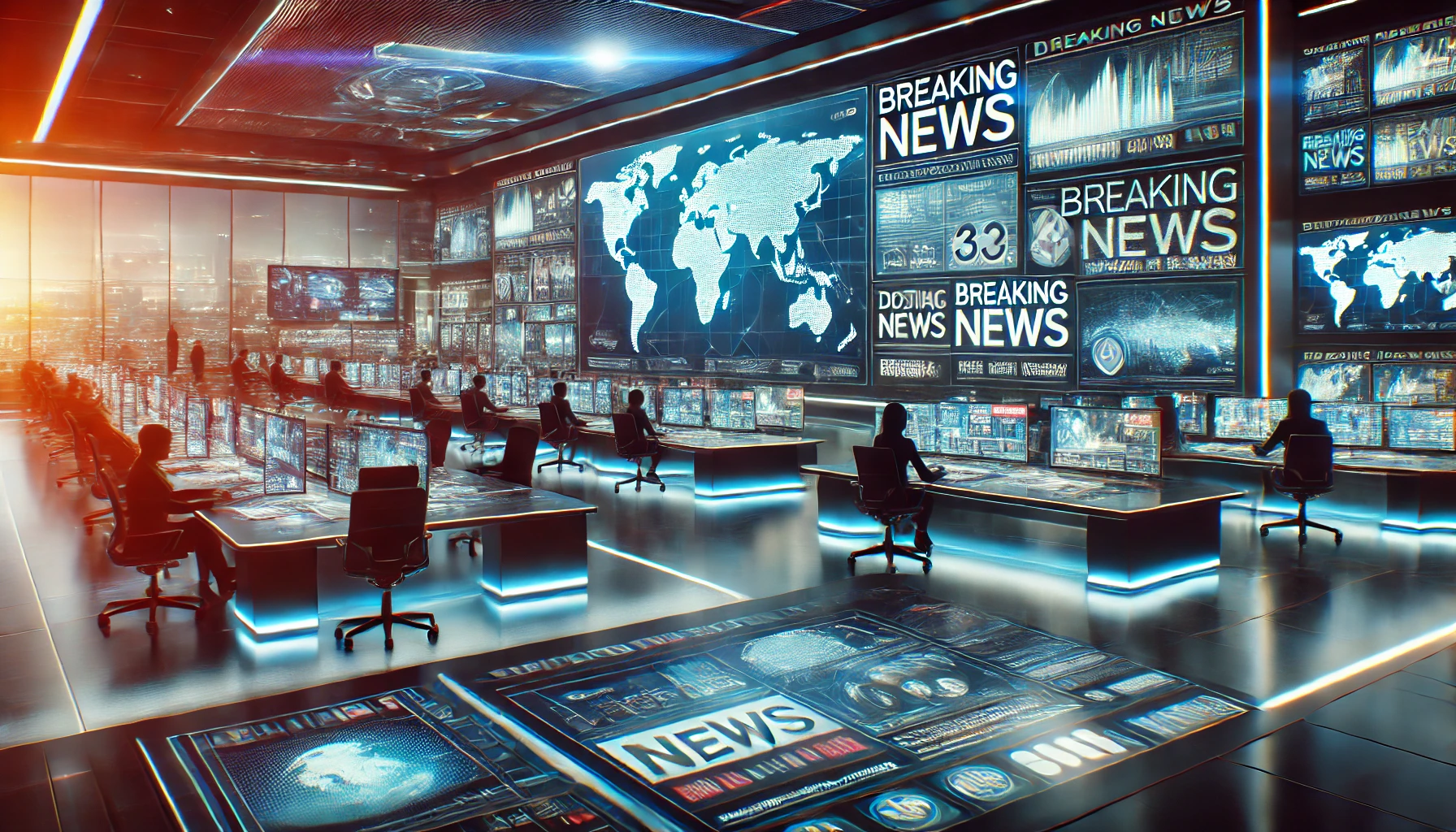 A futuristic digital newsroom featuring journalists, vibrant screens, and real-time news alerts.