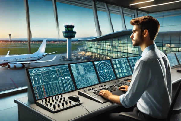 A professional air traffic controller monitoring radar screens.