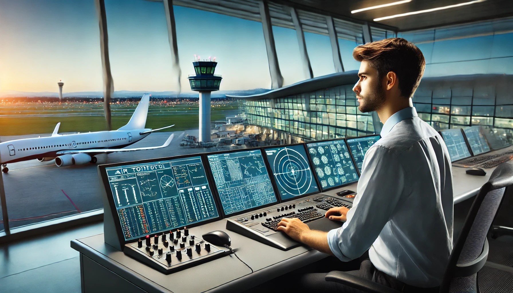 A professional air traffic controller monitoring radar screens.