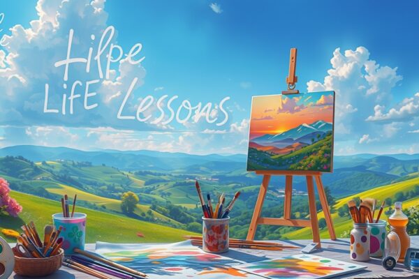 A colorful landscape painting illustrating diverse elements of art as metaphors for life lessons.