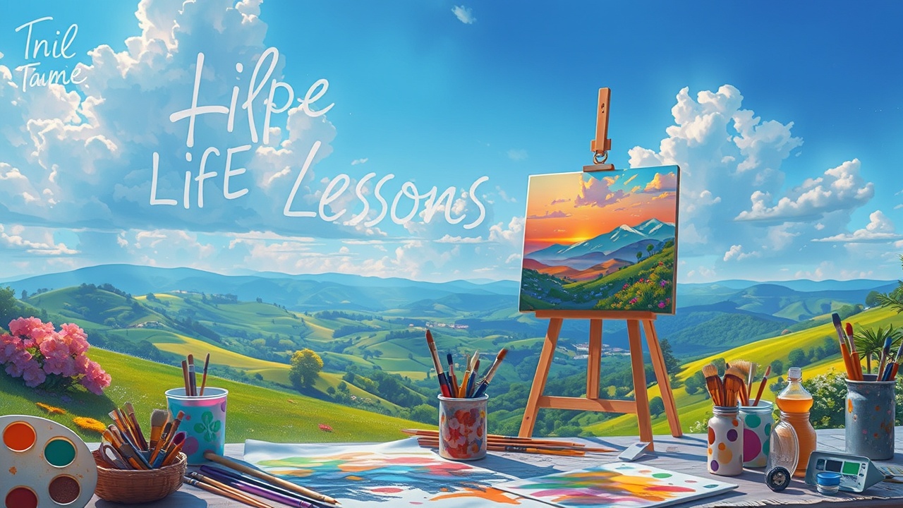 A colorful landscape painting illustrating diverse elements of art as metaphors for life lessons.